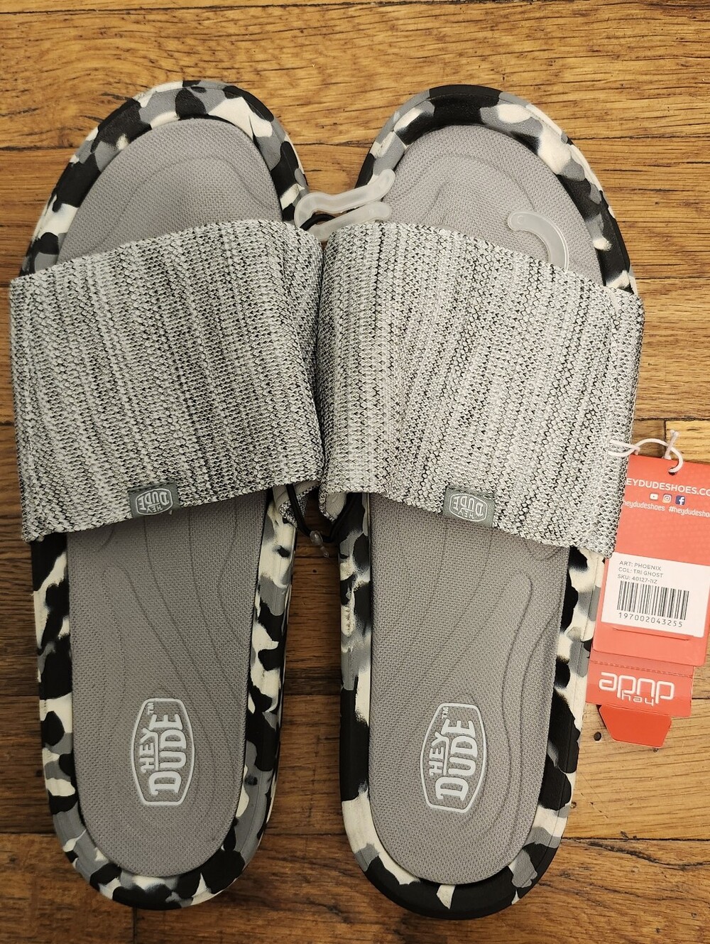 Hey Dude Phoenix Tri Ghost Slide Sandals Gray Camo Trim Size US 13 EU 46 UK 12
